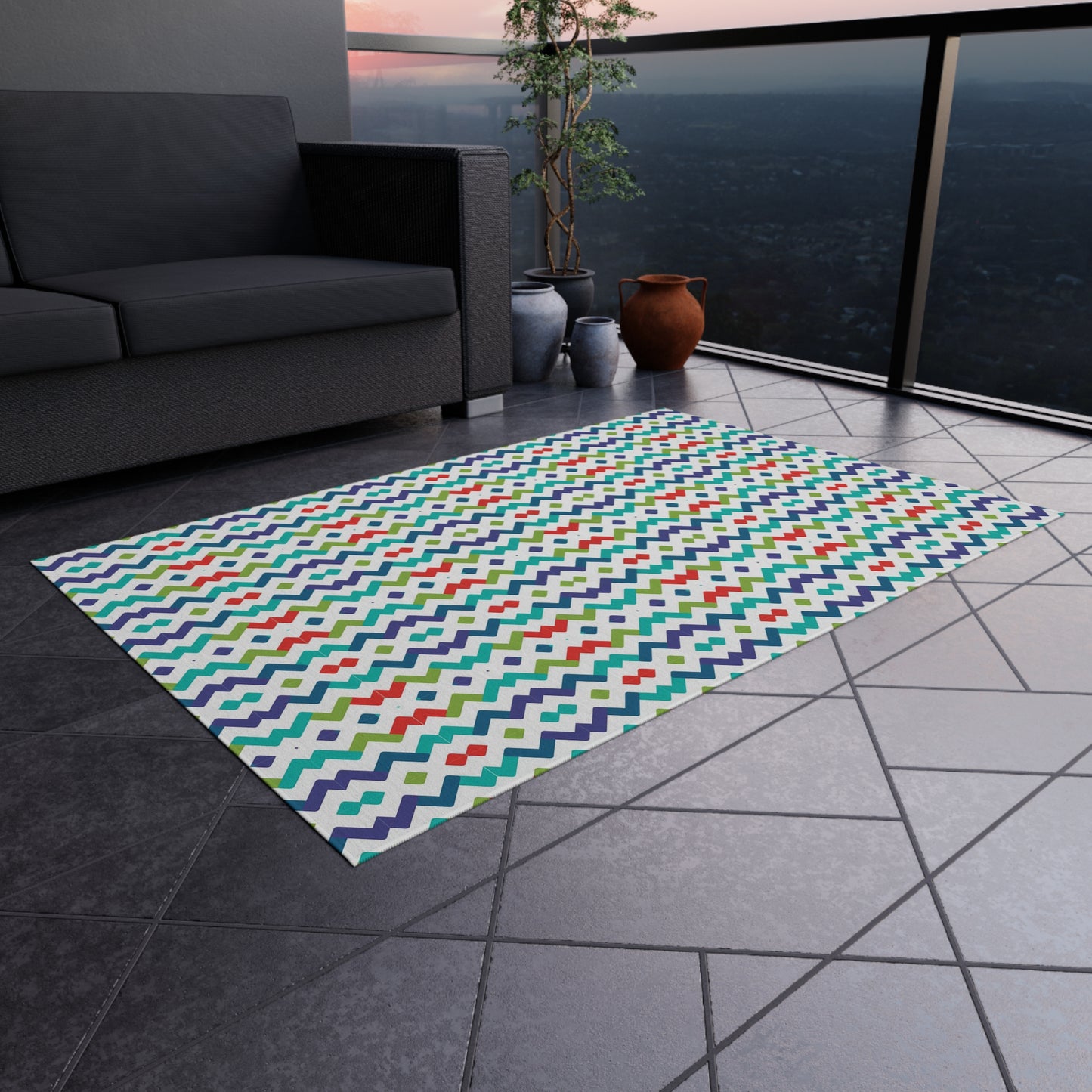 Chevron Zigzag Pattern Outdoor/Indoor Rug | Colorful Geometric Patio Mat