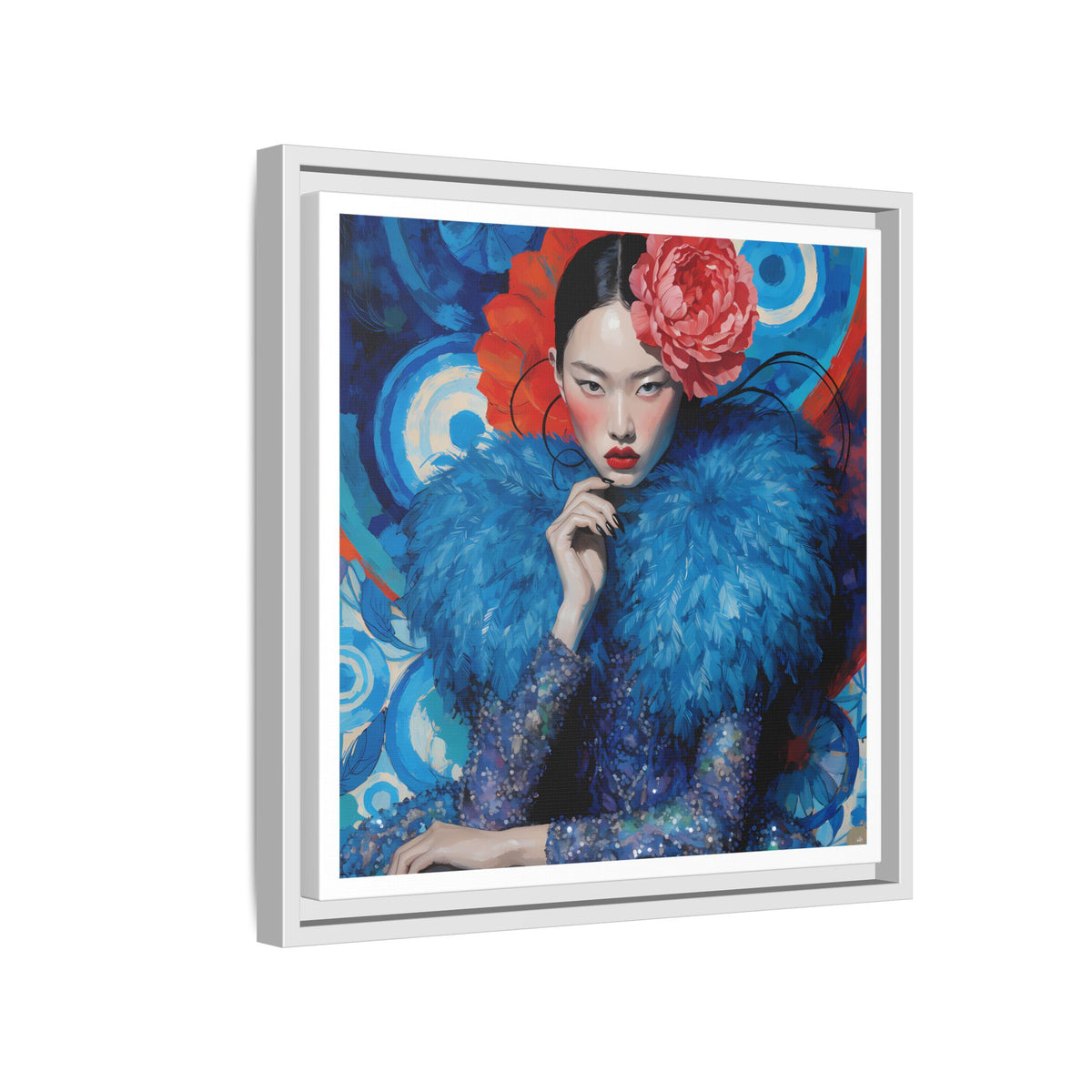 Floral-Femme Asian Woman Portrait Matte Canvas Framed Wall Art | Colorful Fashion Illustration