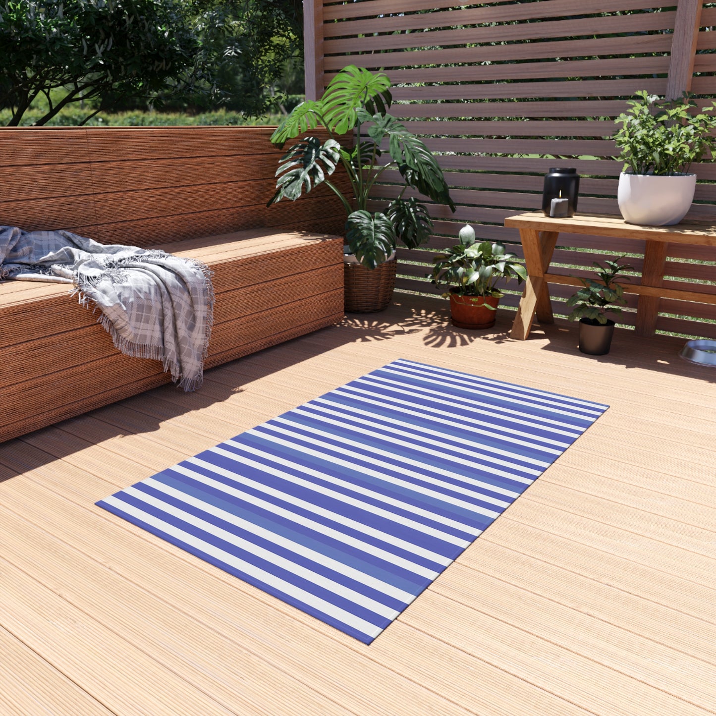 Purple, Periwinkle White Striped Outdoor Rug | Nautical Patio Mat