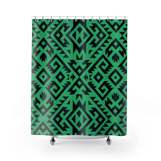 Geometric Aztec Boho Pattern Shower Curtain | Green Black Tribal Design
