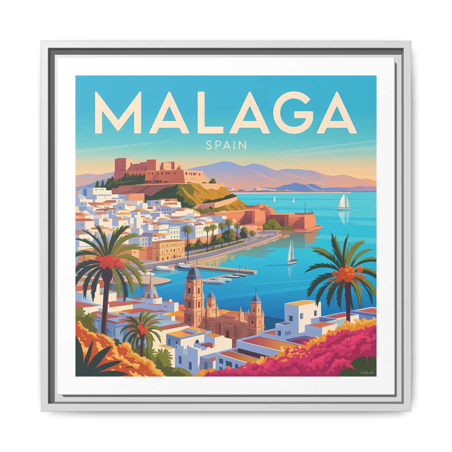 Malaga Spain Coastal  Matte Canvas Framed Wall Art| Vintage Style Travel Art