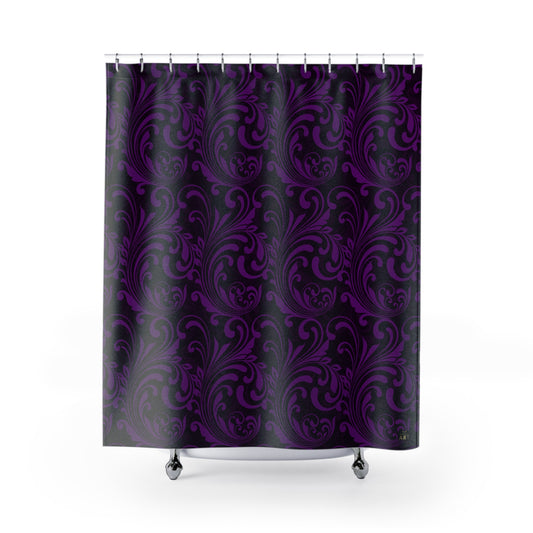 Black and Purple Baroque Pattern Shower Curtain | Elegant, Beautiful Bathroom Decor, Bath Accessory