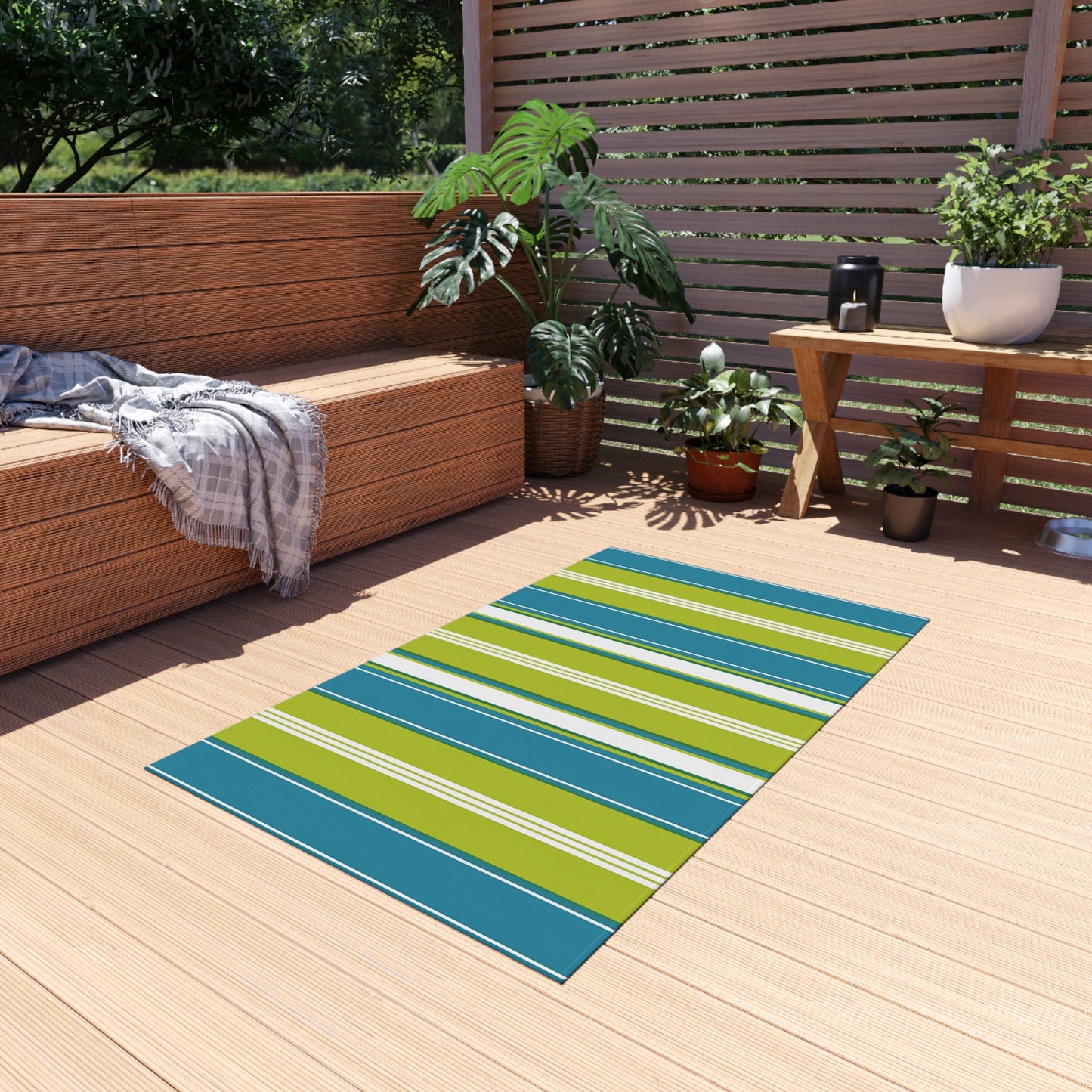 Blue Green White Stripe Outdoor/Indoor Rug | Patio Mat, Weather-Resistant