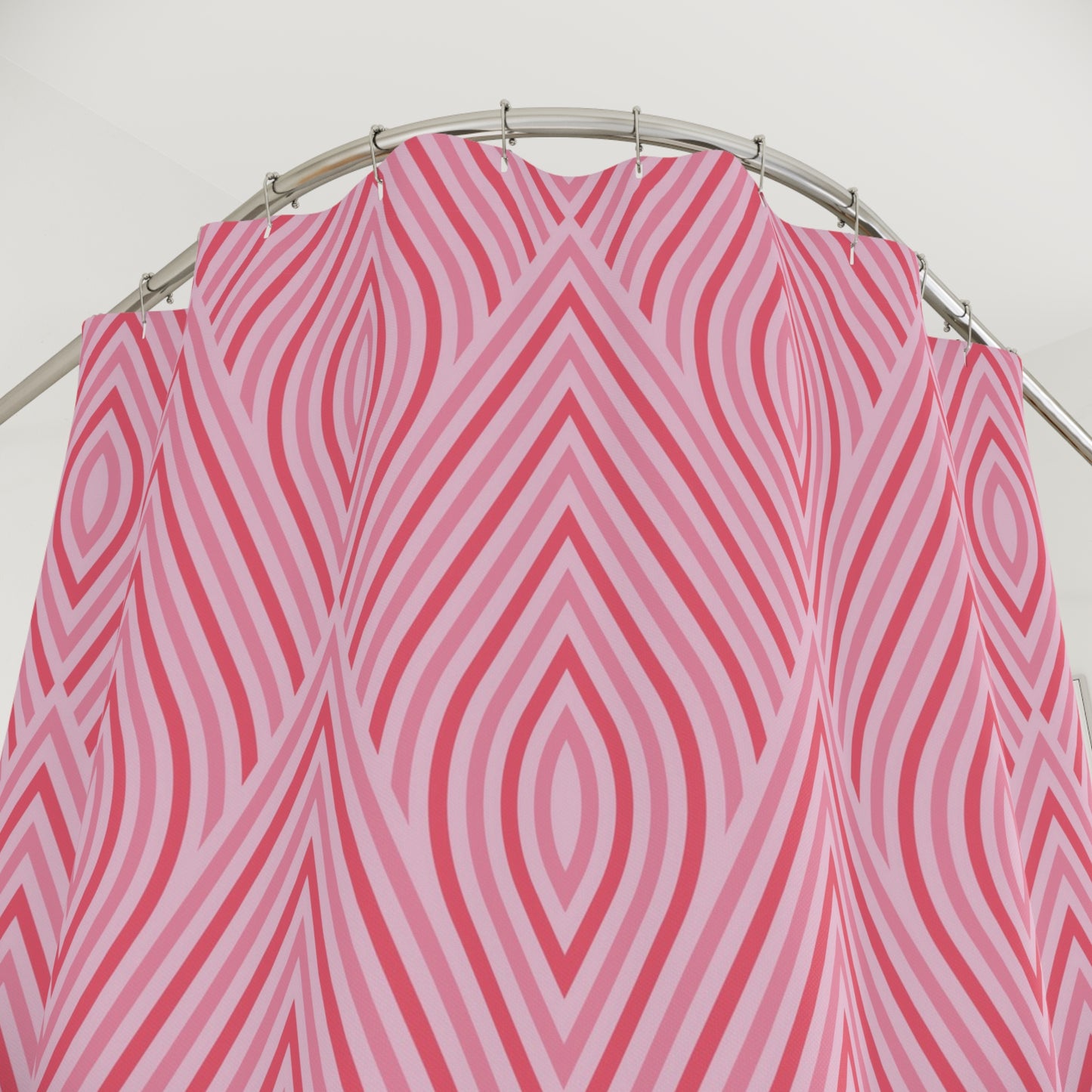 Pink Geometric Diamond Pattern Shower Curtain | Retro Striped Bath Decor, Boho Bath Accessory