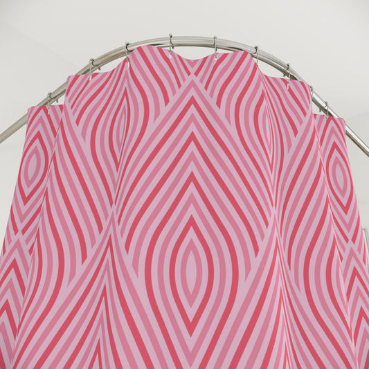 Pink Geometric Diamond Pattern Shower Curtain | Retro Striped Bath Decor, Boho Bath Accessory