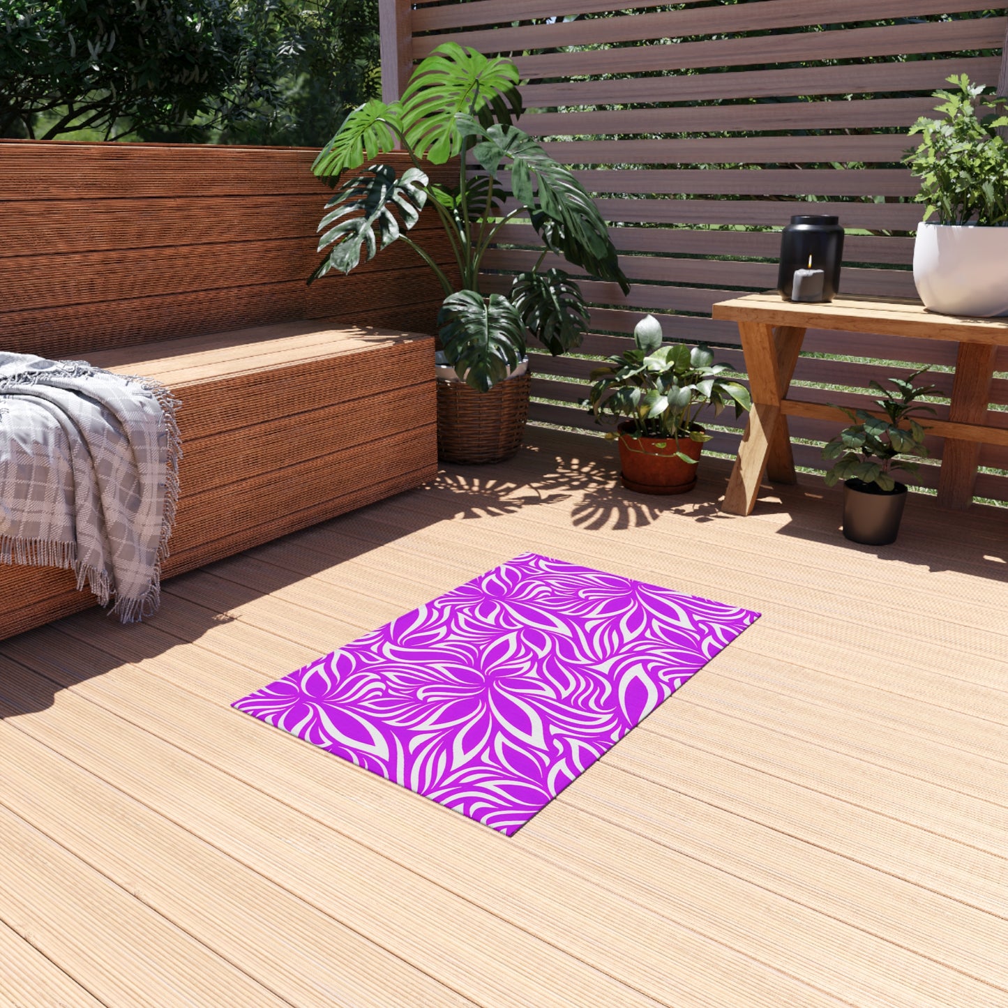 Magenta White Floral Pattern Outdoor/Indoor Rug | Tropical Leaf Medallion Patio Mat