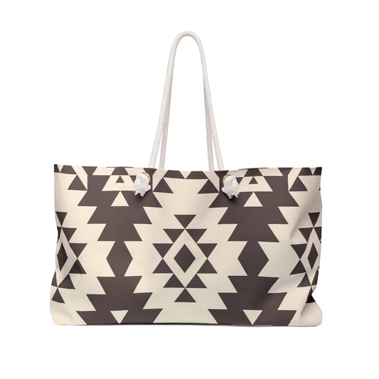 Brown and Beige Tribal Pattern Weekender Bag, Boho Tote, Travel Bag, Overnight Tote, Beach Bag, Modern Chic Style, Tribal Gift