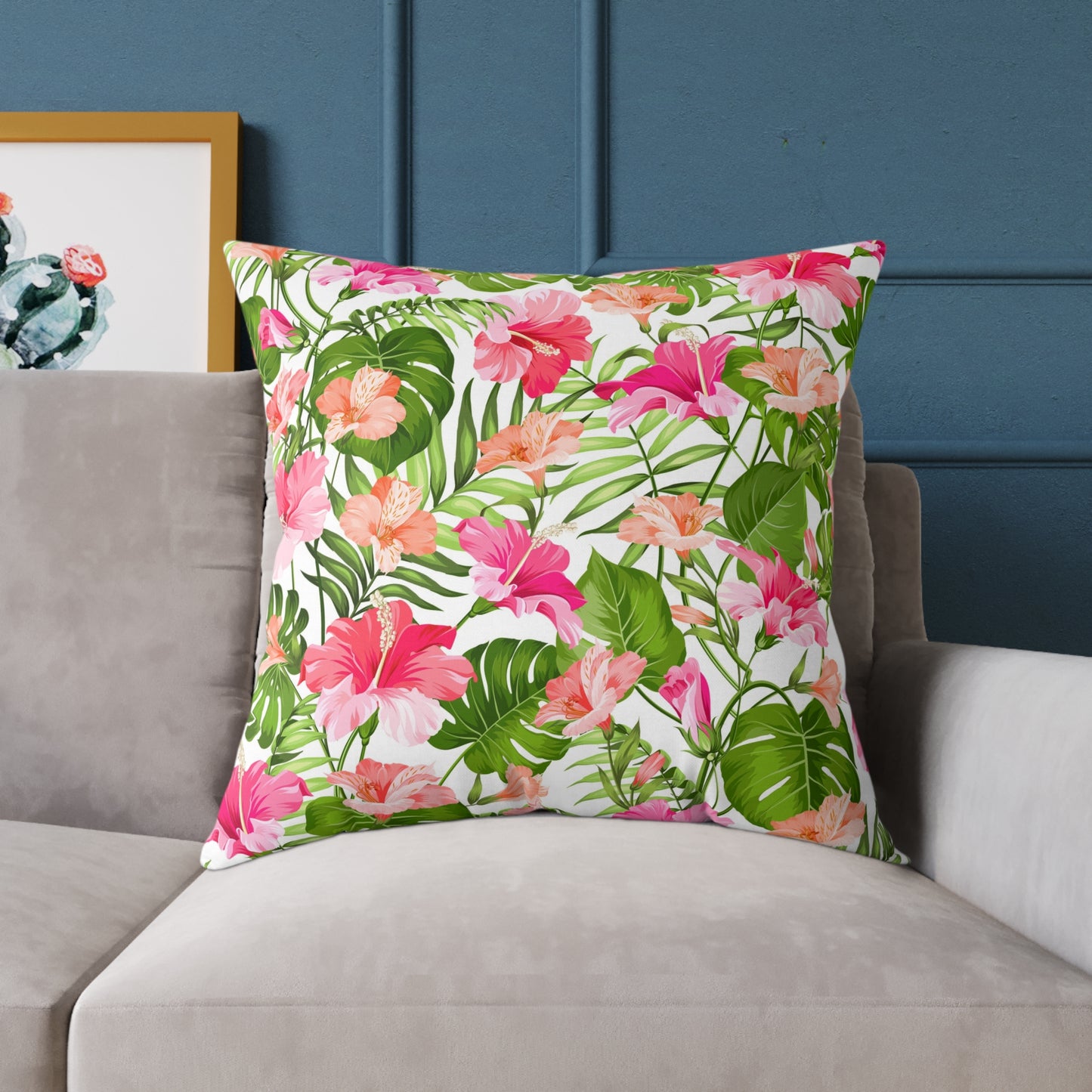 Pink Tropical Hibiscus Floral Square Pillow | Botanical Throw Cushion