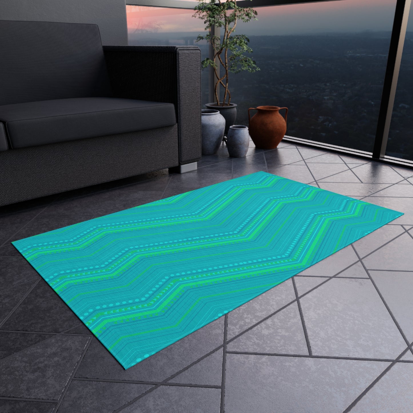 Turquoise Chevron Zigzag Outdoor/Indoor Rug | Patterned Patio Mat