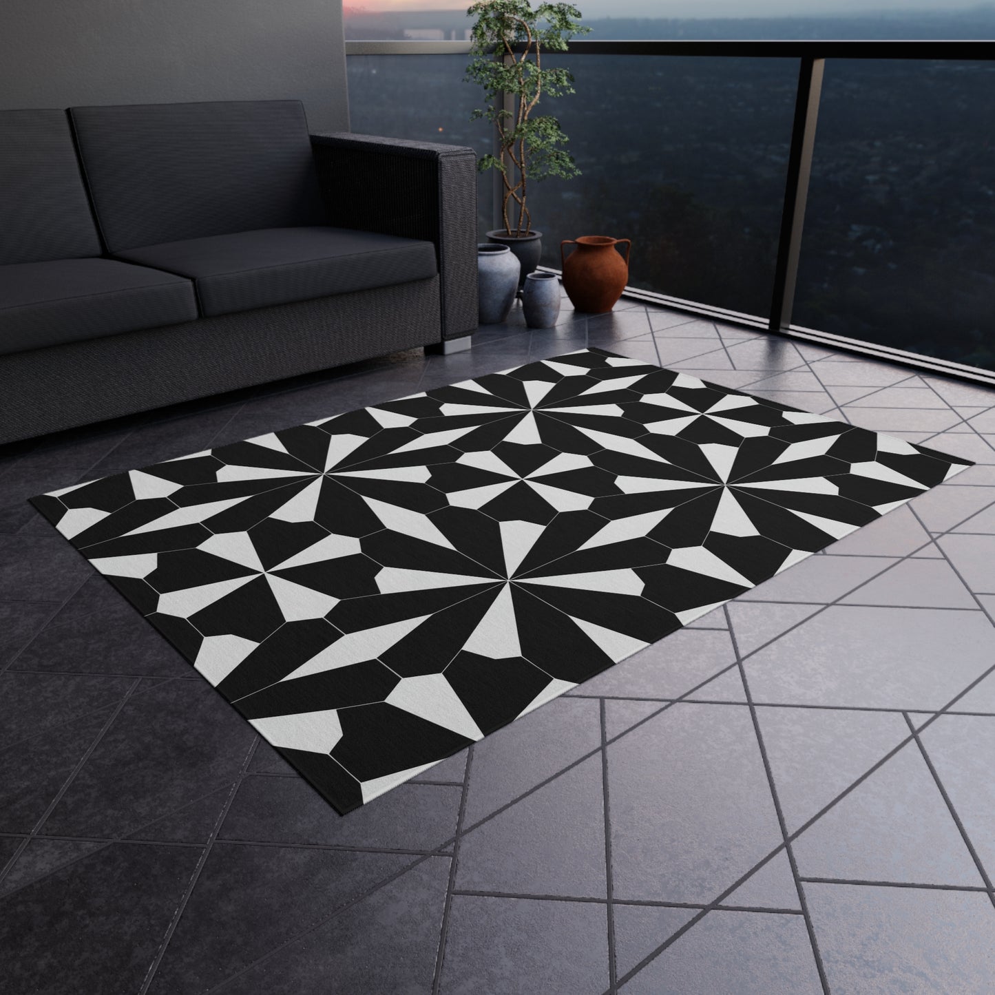 Geometric Black White Tile Pattern Outdoor/Indoor Rug | Modern Patio Mat