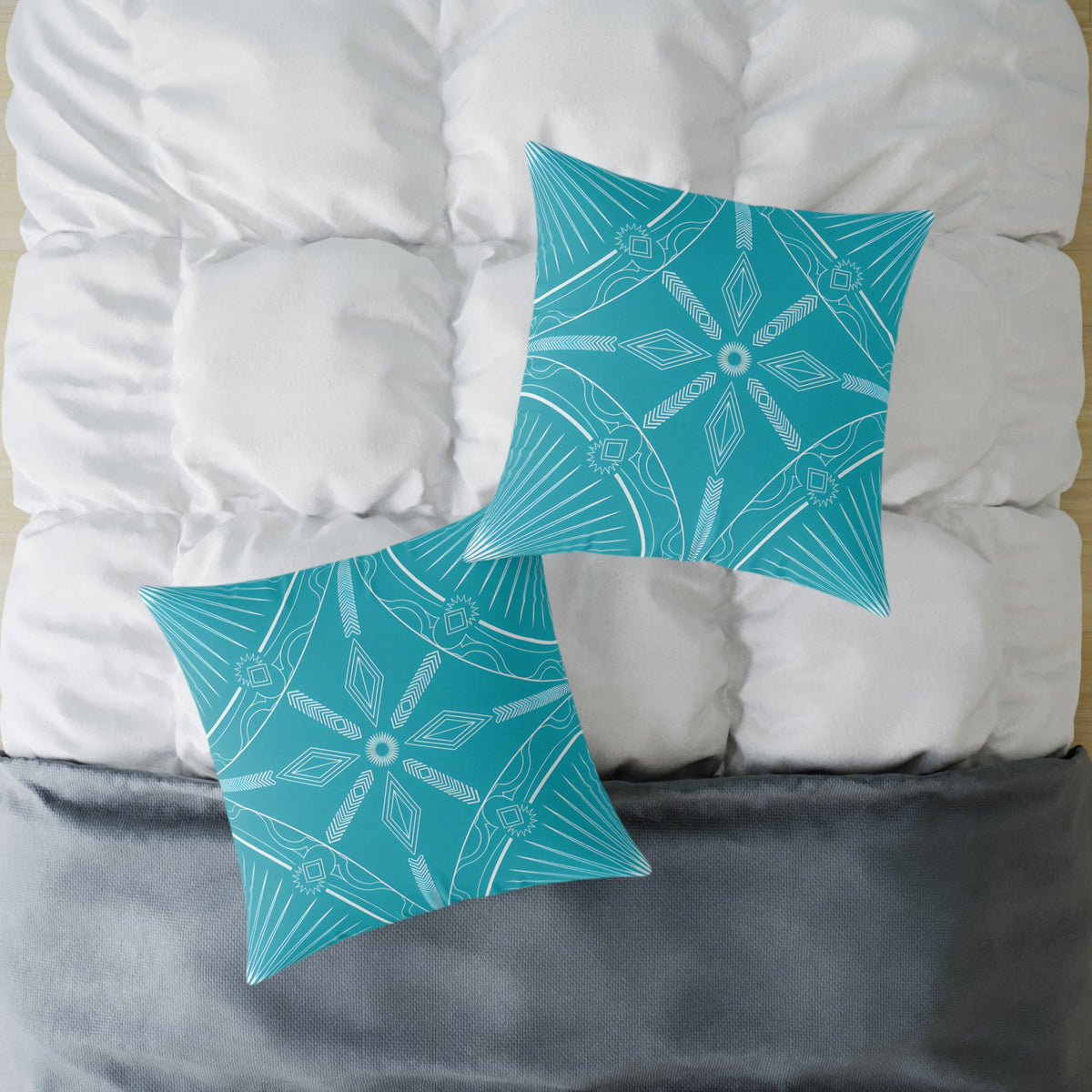 Turquoise White Geometric Mandala Square Pillow | Turquoise Decorative Cushion