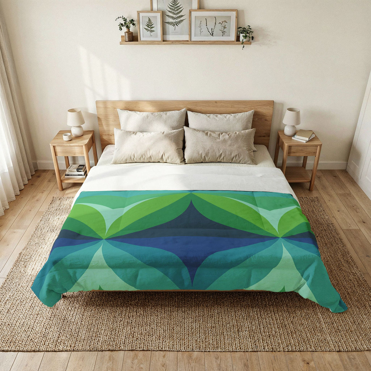 Geometric Green Blue Leaf Pattern Cotton Comforter | Mid Century Modern Bedding