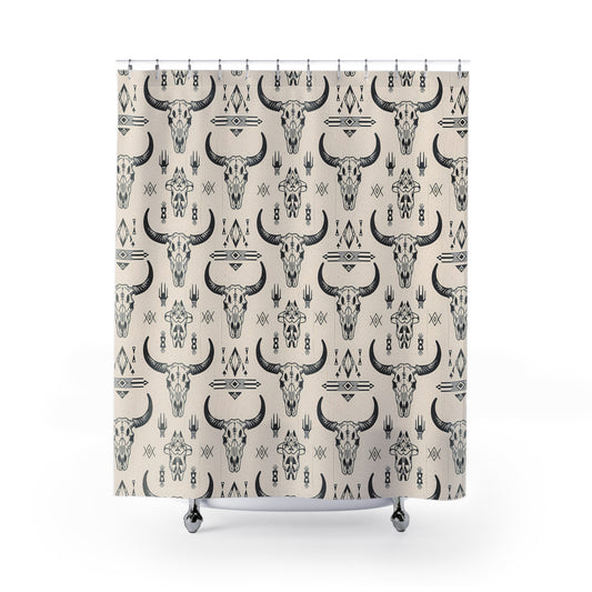 Rustic Bull Skull Shower Curtain - Boho Home Decor, Western Style Bathroom, Unique Gift for Cowgirls and Farmhouse Lovers, Tribal Design - LOLA VEGAS ART