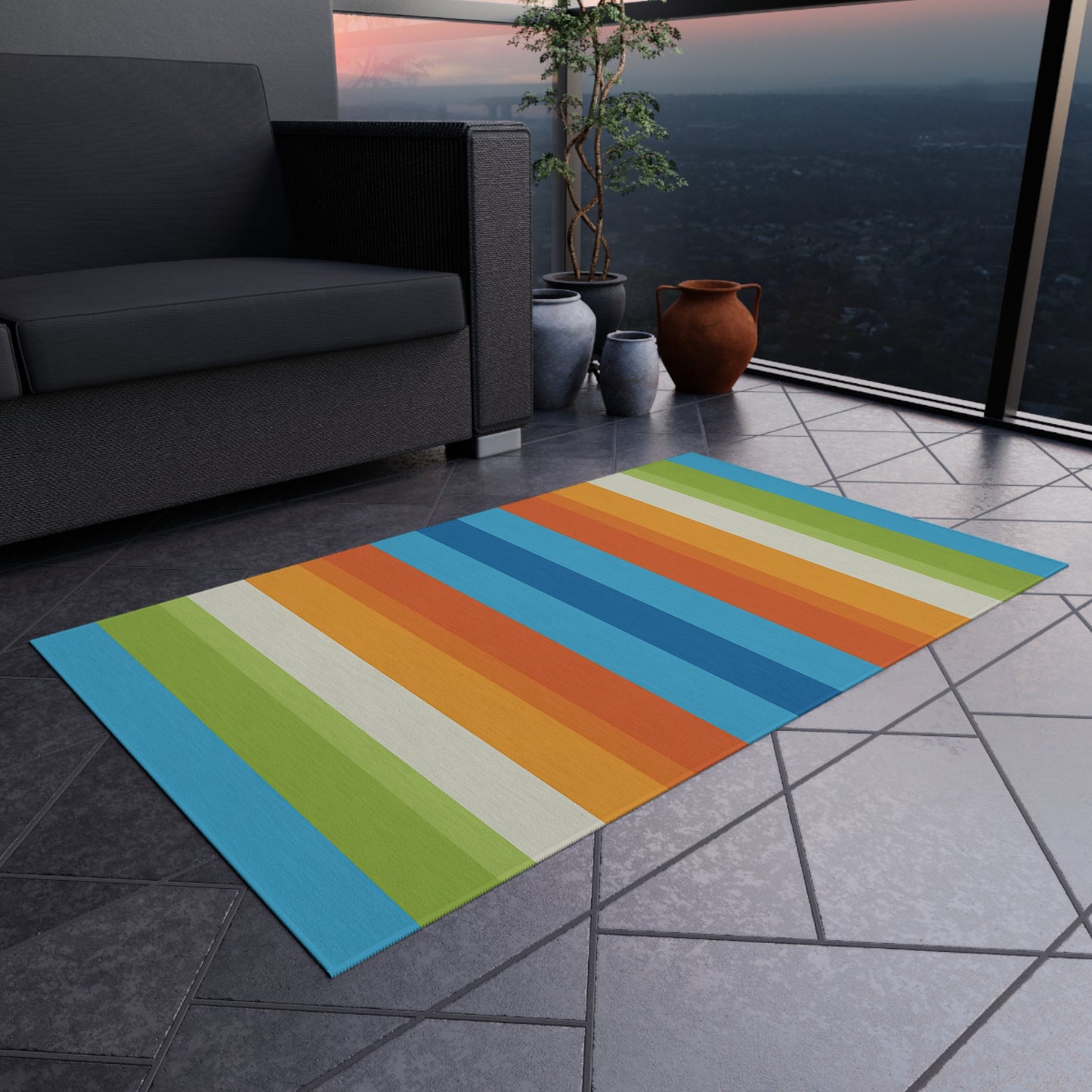 Colorful Vertical Stripe Outdoor/Indoor Rug | Blue Orange Green Patio Mat