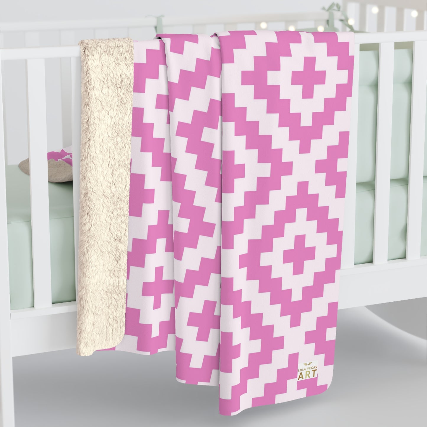 Boho Native American Pink White Geometric Diamond Pattern Sherpa Blanket | Cozy Fleece Throw