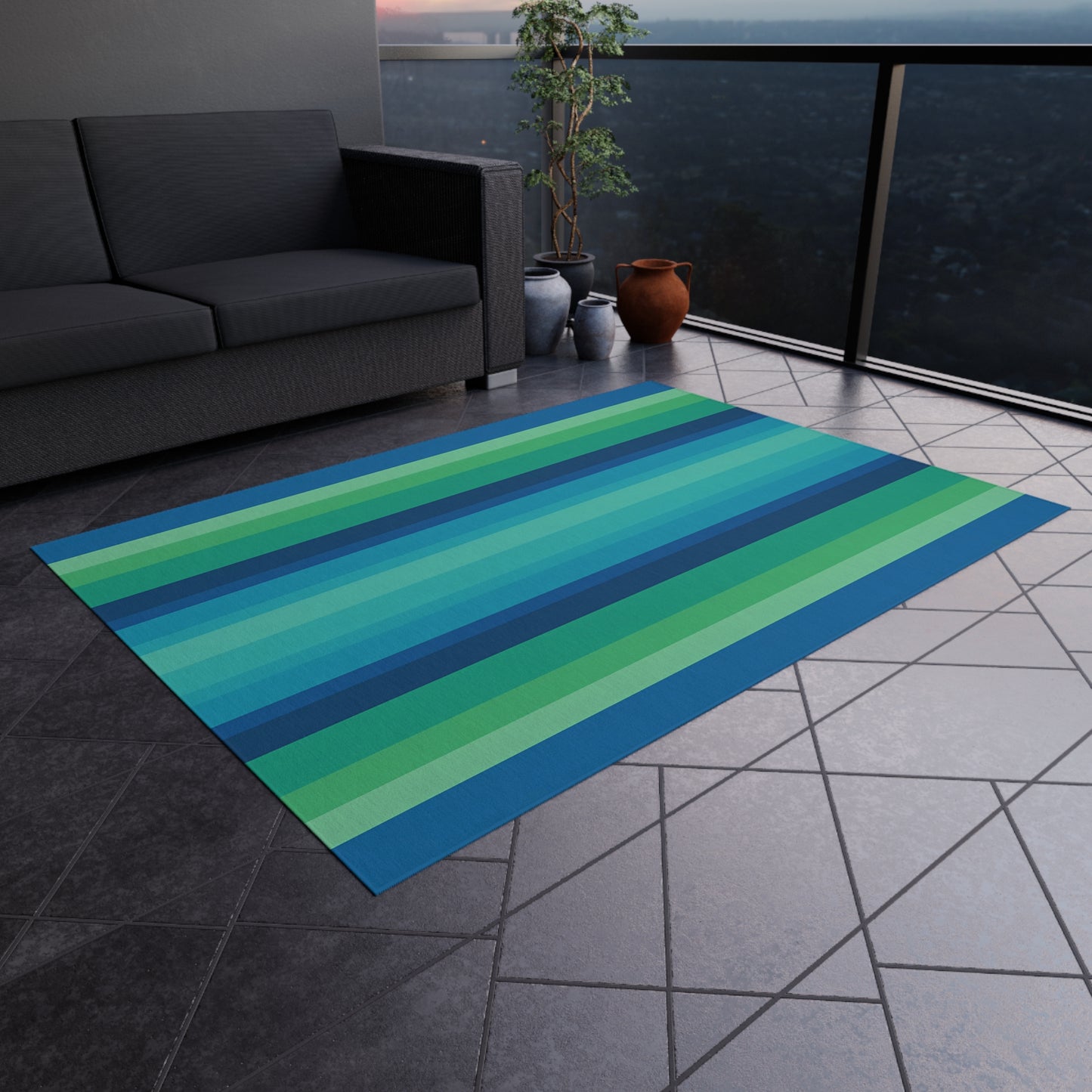 Blue Green Striped Outdoor/Indoor Rug | Patio Mat, Weather-Resistant Floor Covering