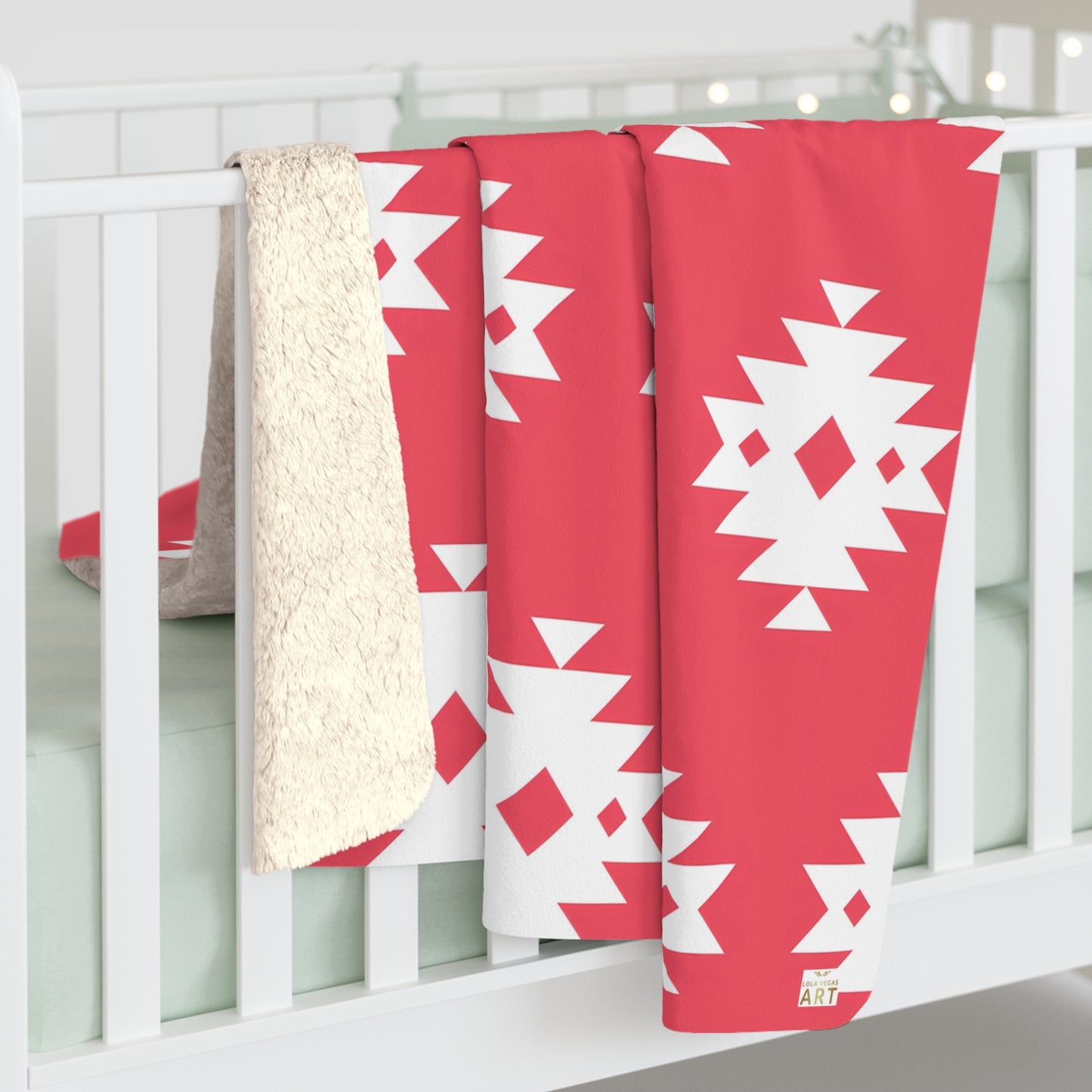 Southwestern Navajo Pattern Sherpa Blanket | Coral and white Geometric Throw