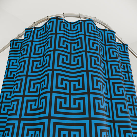 Blue Greek Key Pattern Shower Curtain | Geometric Bathroom Decor Glam Bathroom Accessory