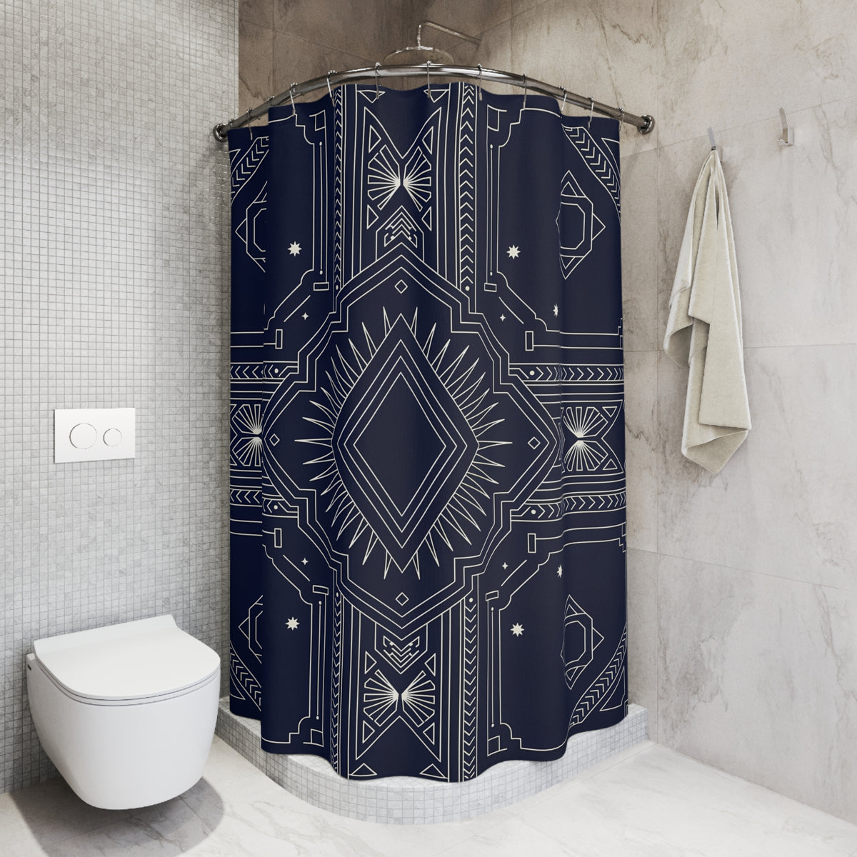 Art Deco Geometric Shower Curtain | Navy Diamond Pattern