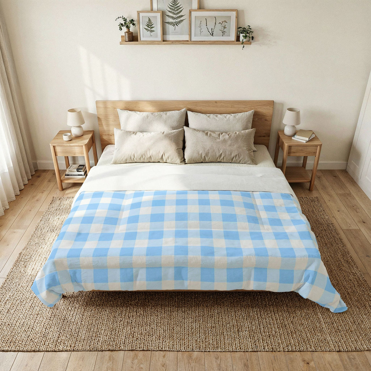 Blue White Gingham Plaid Cotton Comforter | Light Buffalo Check Bedding