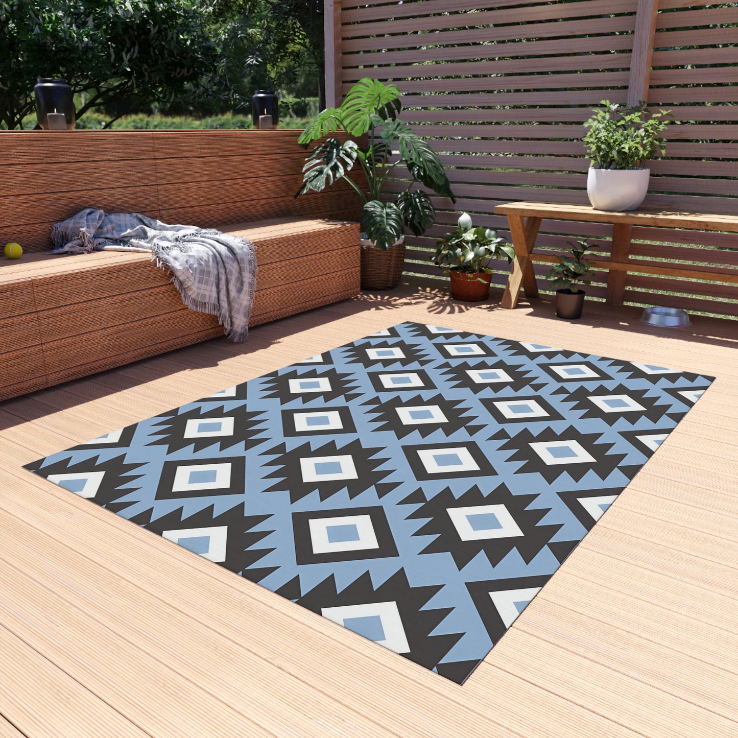 Southwestern Diamond Pattern Outdoor/Indoor Rug | Blue Black Geometric Patio Mat
