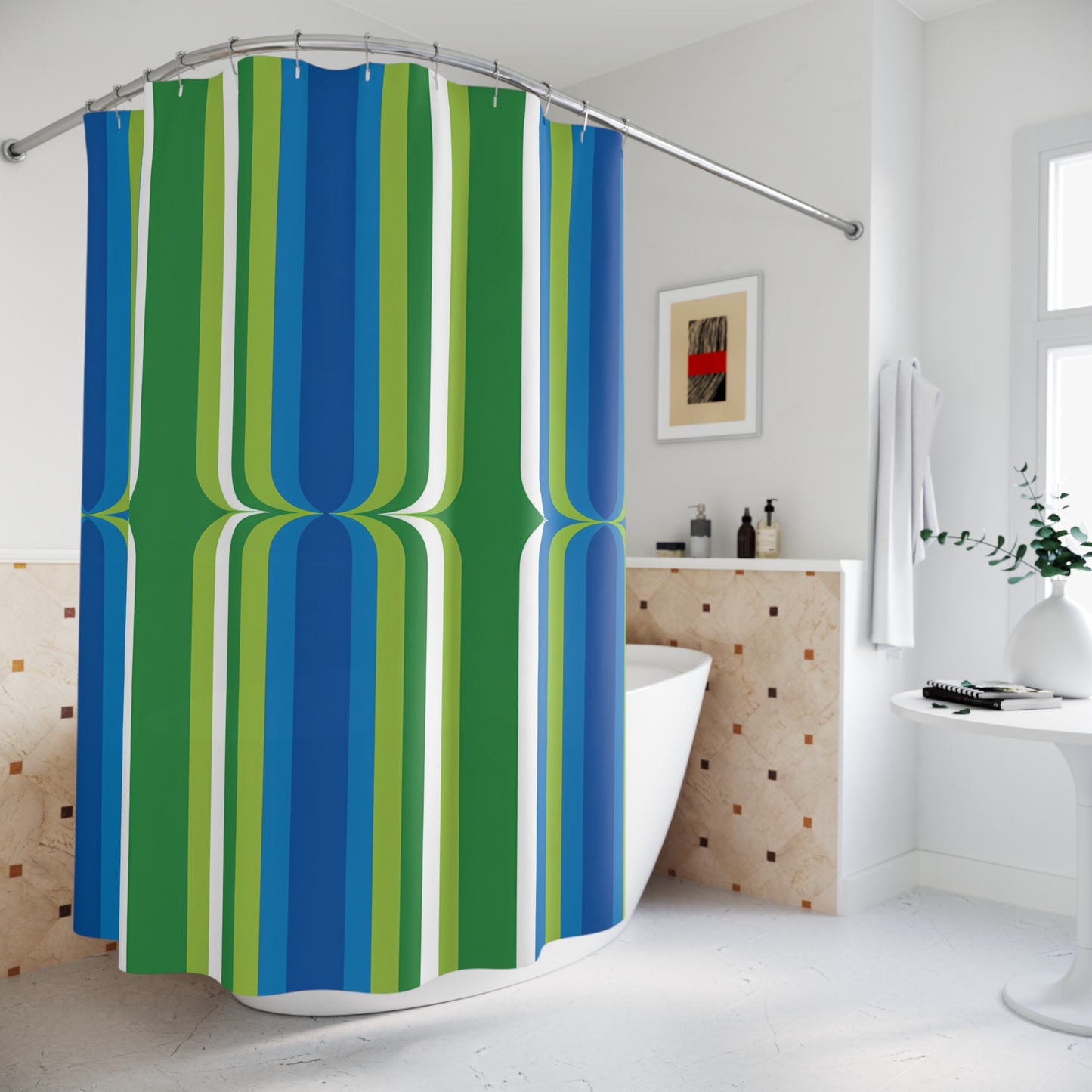 Retro Green Blue Striped Shower Curtain | Mid-Century Modern Bathroom