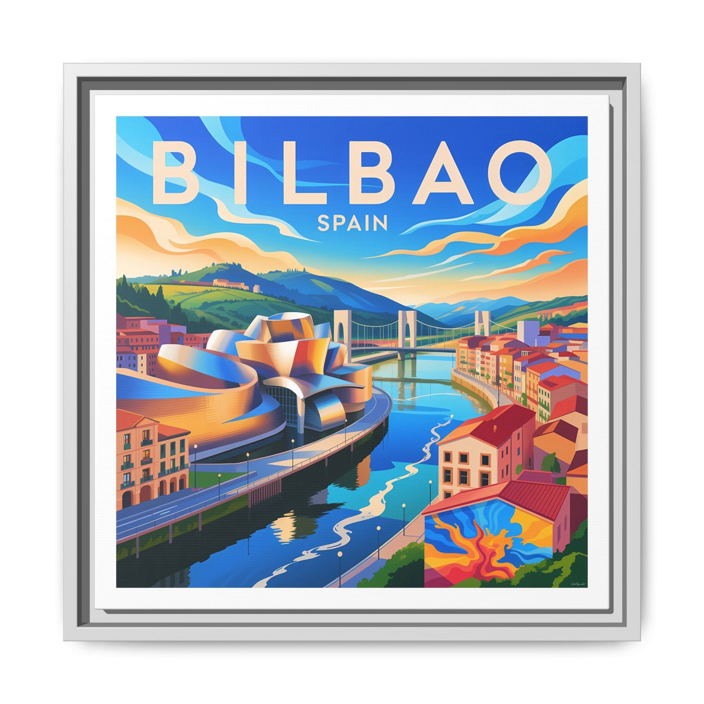 Bilbao Spain travel art Matte Canvas Framed | Bilbao cityscape wall art