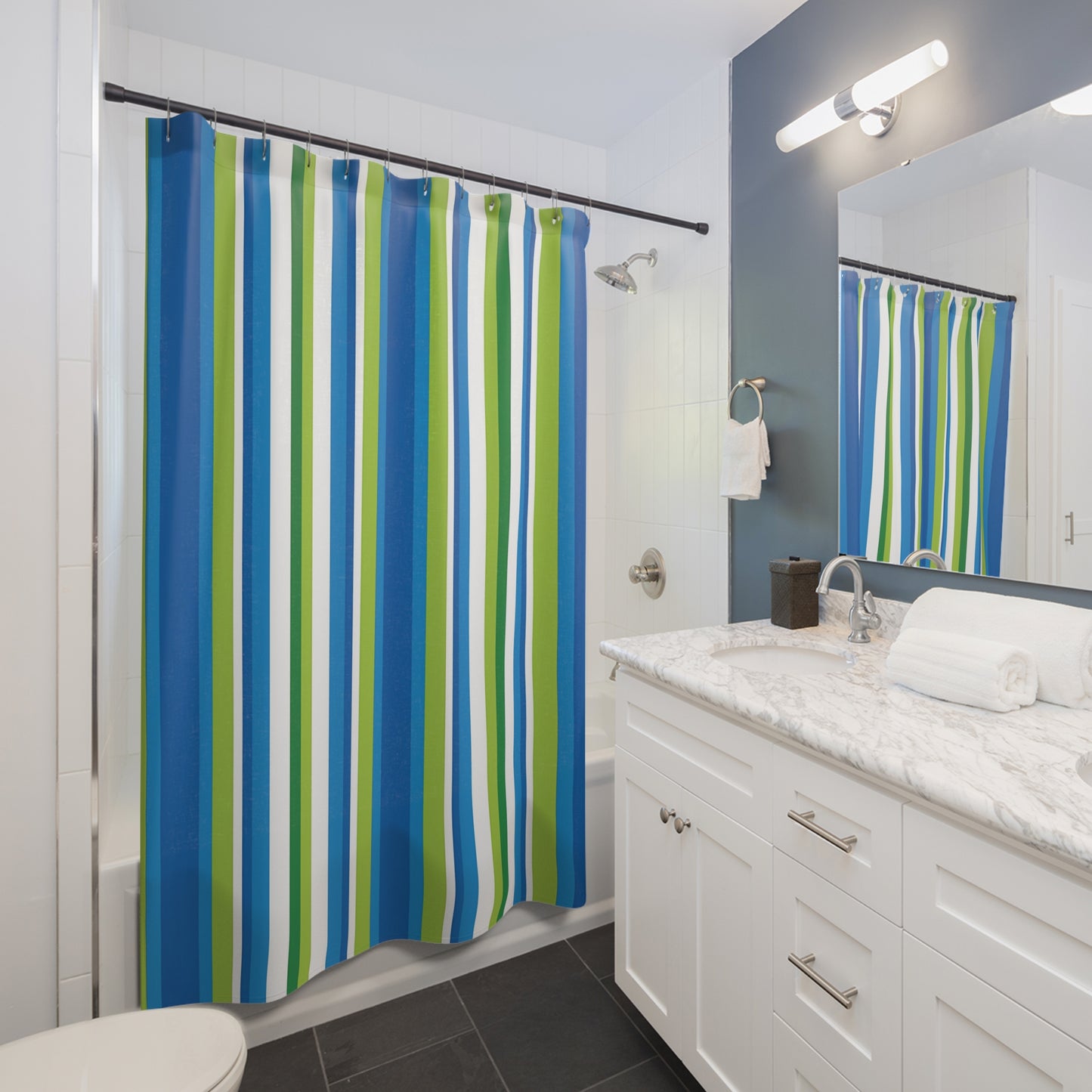 Blue Green Vertical Stripes Shower Curtain | Coastal Bathroom Curtain