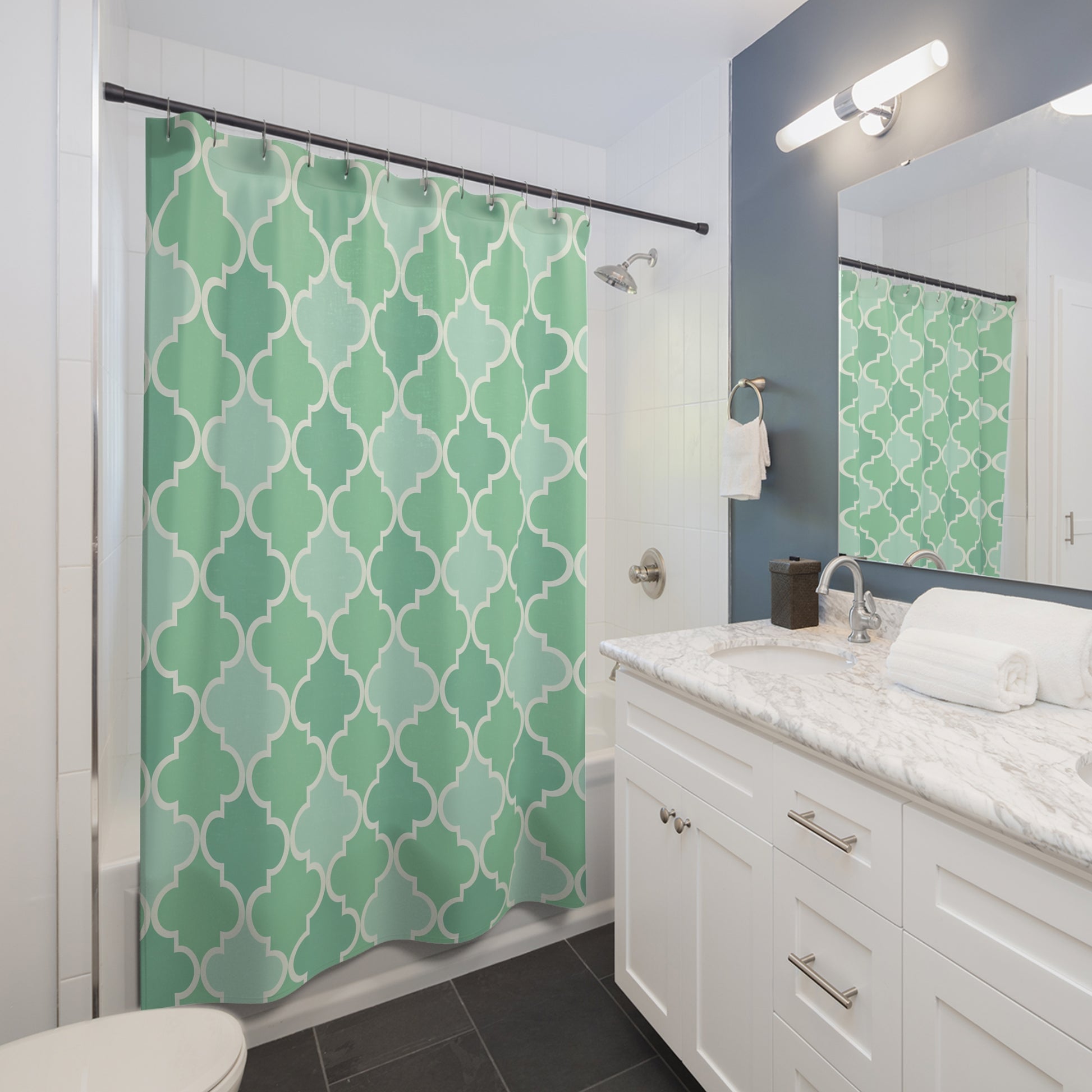 Stylish Geometric Shower Curtain, Modern Bathroom Decor, Mint Green Shower Curtain, Home Essentials, Chic Bathroom, Moroccan Quatrefoil - LOLA VEGAS ART