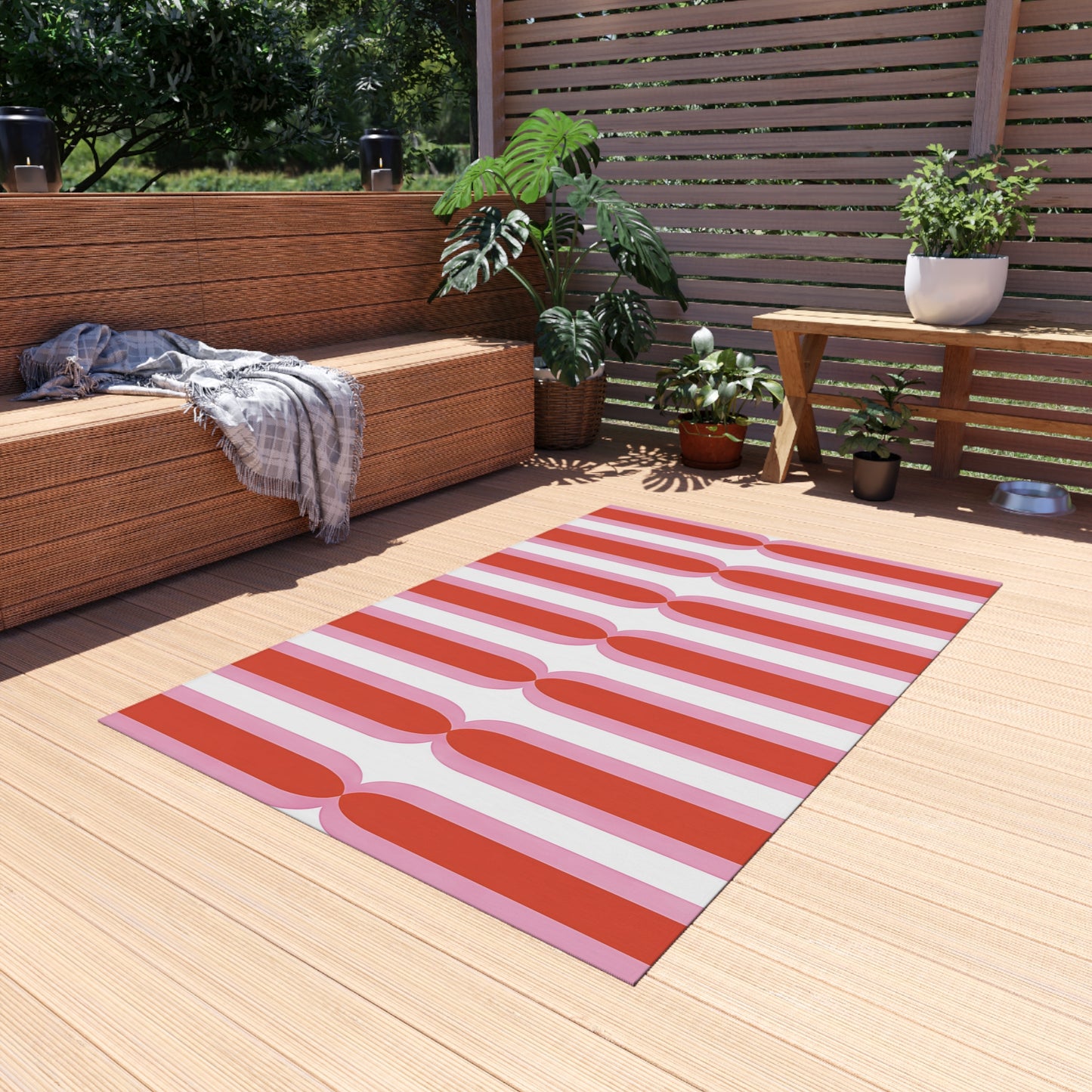 Retro Pink Orange White Stripe Outdoor/Indoor Rug | Geometric Patio Mat