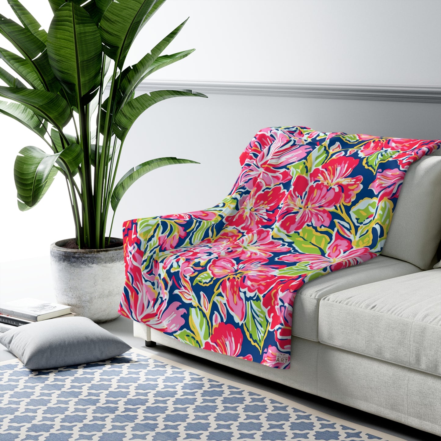 Tropical Floral Pattern Sherpa Fleece Blanket | Red Pink Green Hibiscus Print