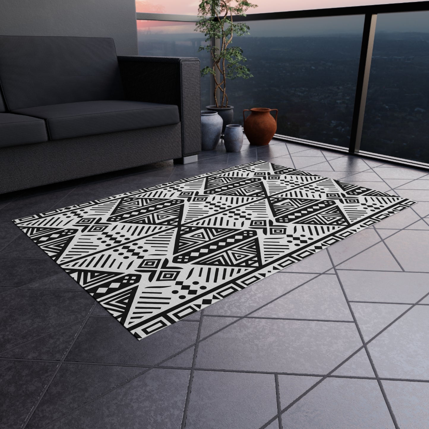 Black and White Tribal Stylish Outdoor Rug, Chic Patio Mat, Boho Floor Decor, Modern Entryway Carpet, Weather-Resistant Area Rug