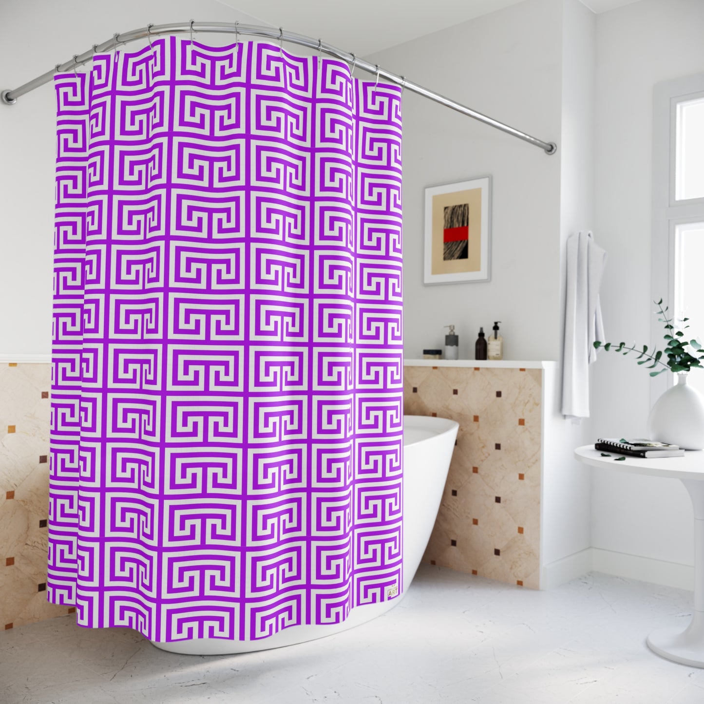 Purple Greek Key Pattern Shower Curtain | Geometric Bath Decor, Glam Bathroom Accessory,  Classy Vibe