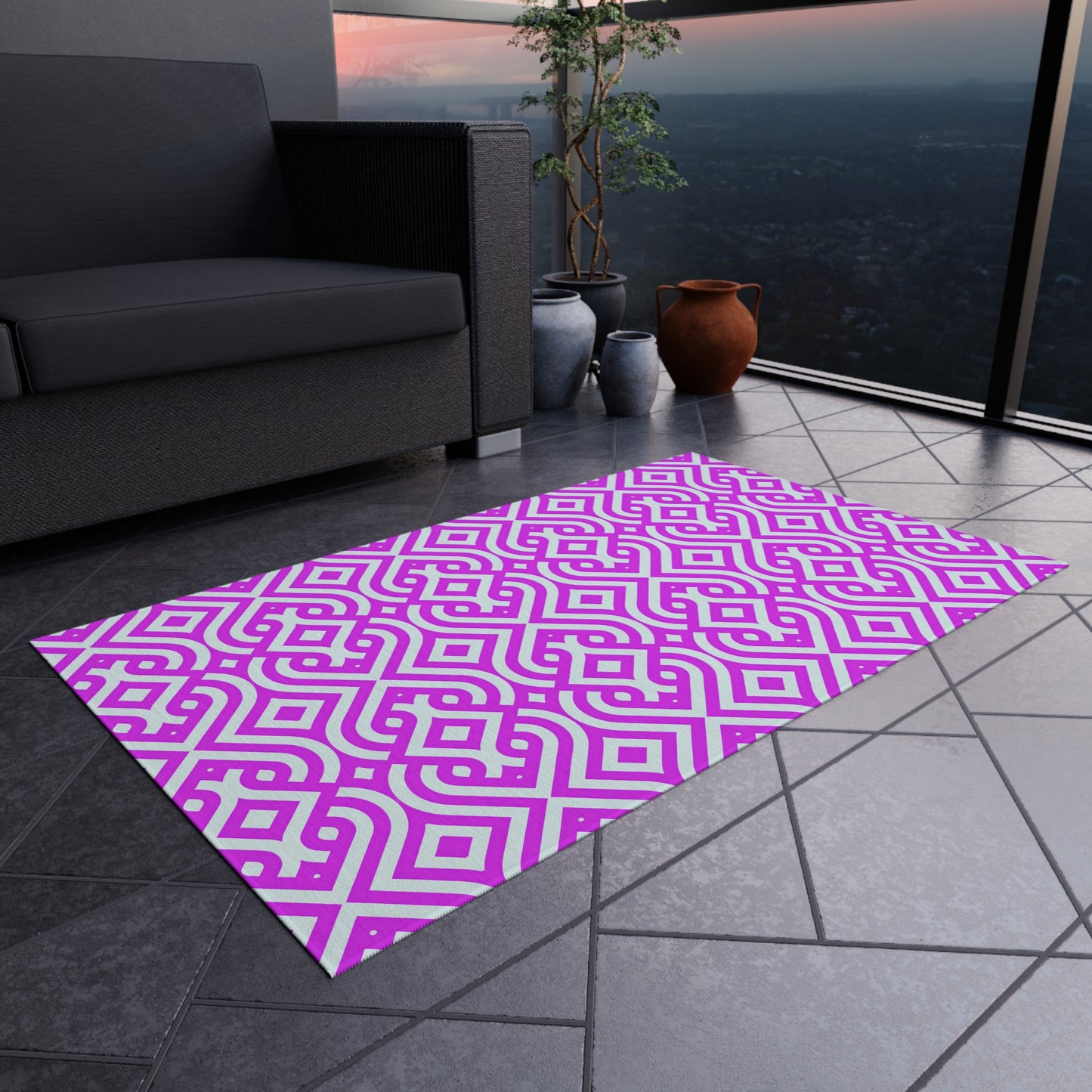 Geometric Moroccan Tile Outdoor/Indoor Rug | Magenta Pink White Patterned Patio Mat