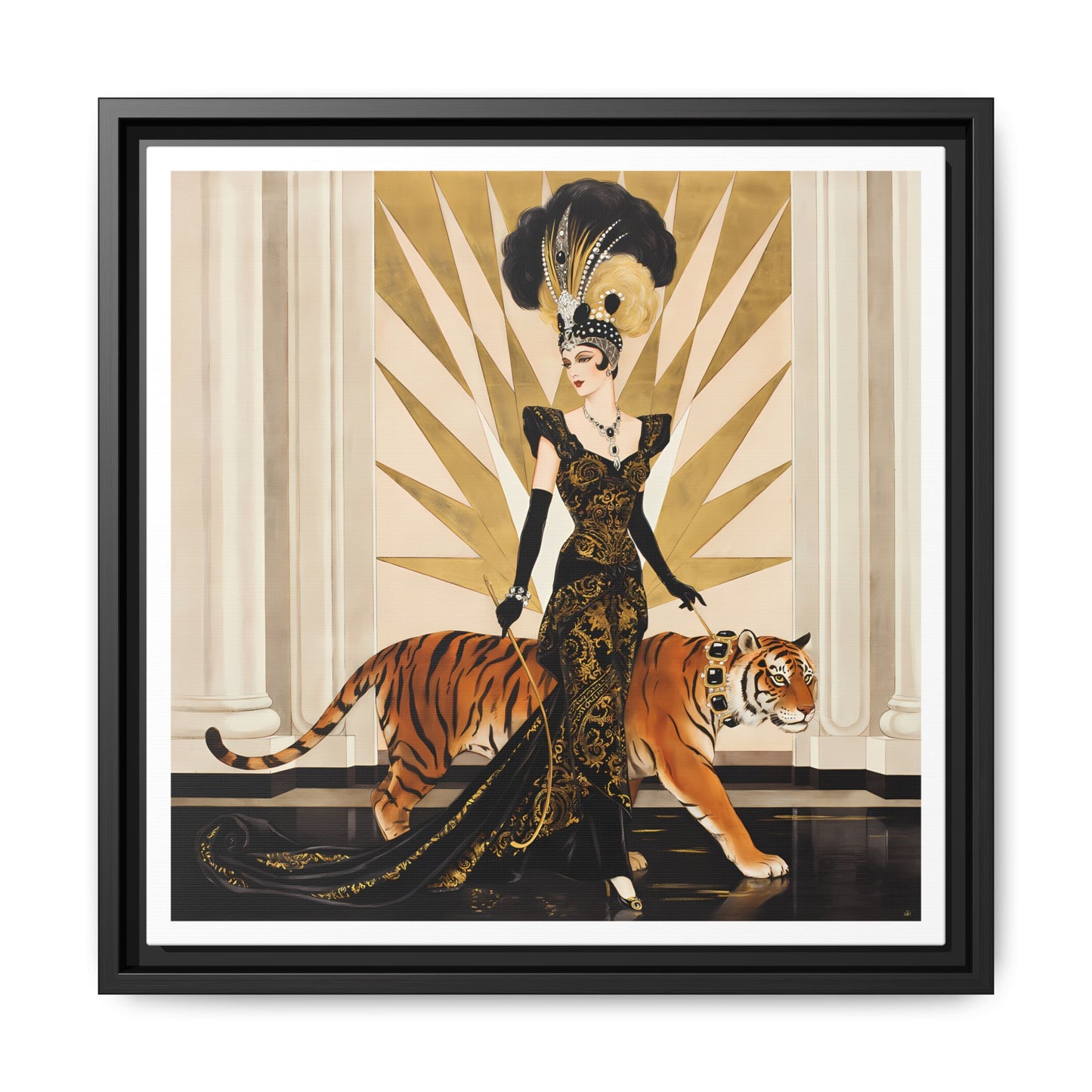 Art Deco Showgirl with Tiger Matte Canvas Framed Print