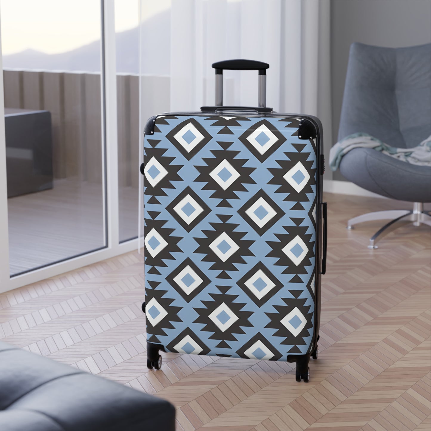 Southwestern Diamond Pattern Suitcase | Blue Aztec Luggage