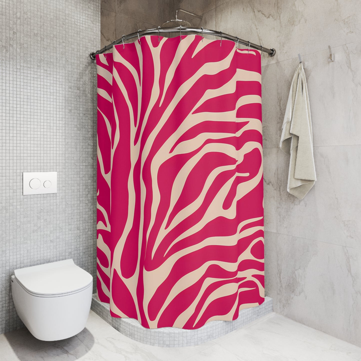 Zebra Stripe Shower Curtains, Red Pink Luxury Bath Decor, Glamorous Bathroom Accessories, Off-White Curtain Set, Designer Home Decoration