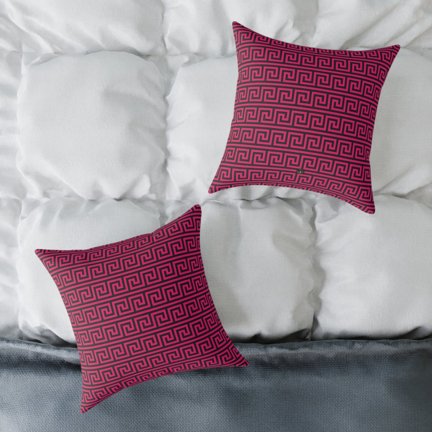 Greek Key Pattern Square Poly Canvas Pillow | Pink and Black Geometric Throw Pillow