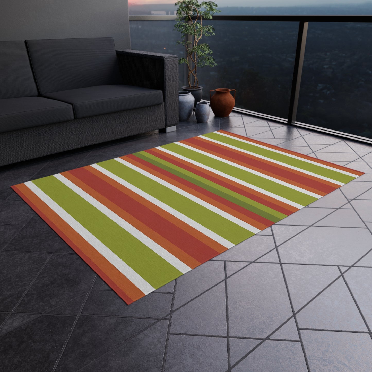 Green Orange White Stripe Outdoor Rug | Patio Door Mat, Weatherproof Porch Runner