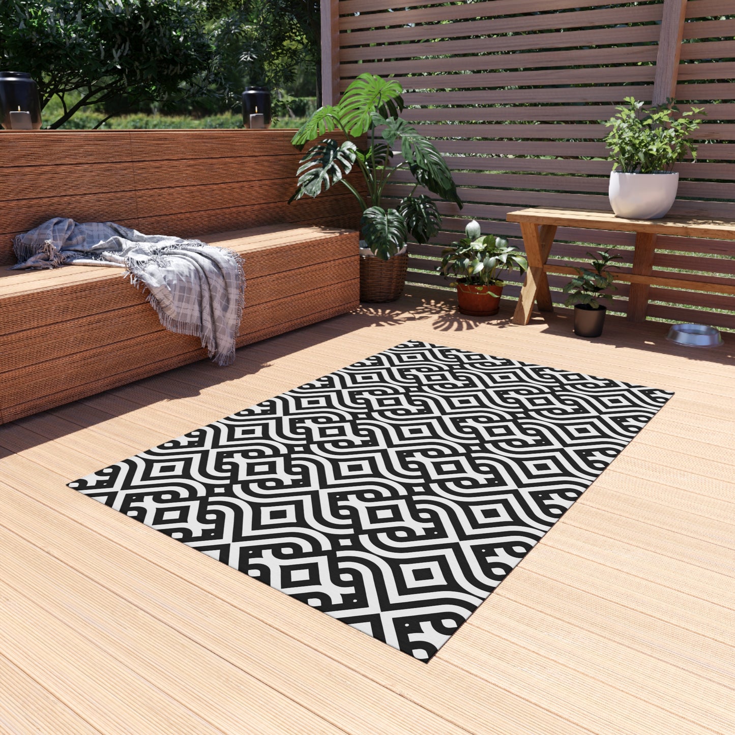 Black Geometric Trellis Outdoor/Indoor  Rug | Patio Mat, Modern Moroccan Pattern