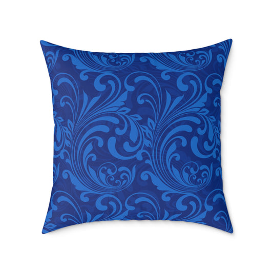 Blue Damask Scroll Pattern Square Pillow | Ornamental Floral Throw Pillow