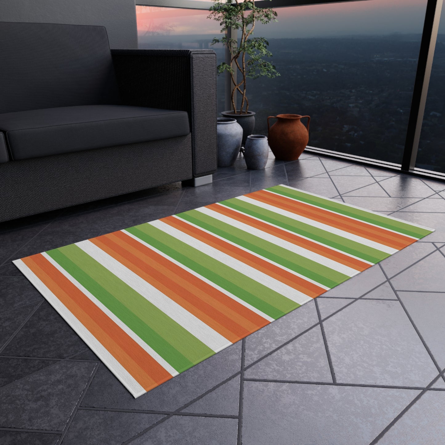 Green Orange White Stripe Outdoor/Indoor Rug | Patio Mat, Weather-Resistant