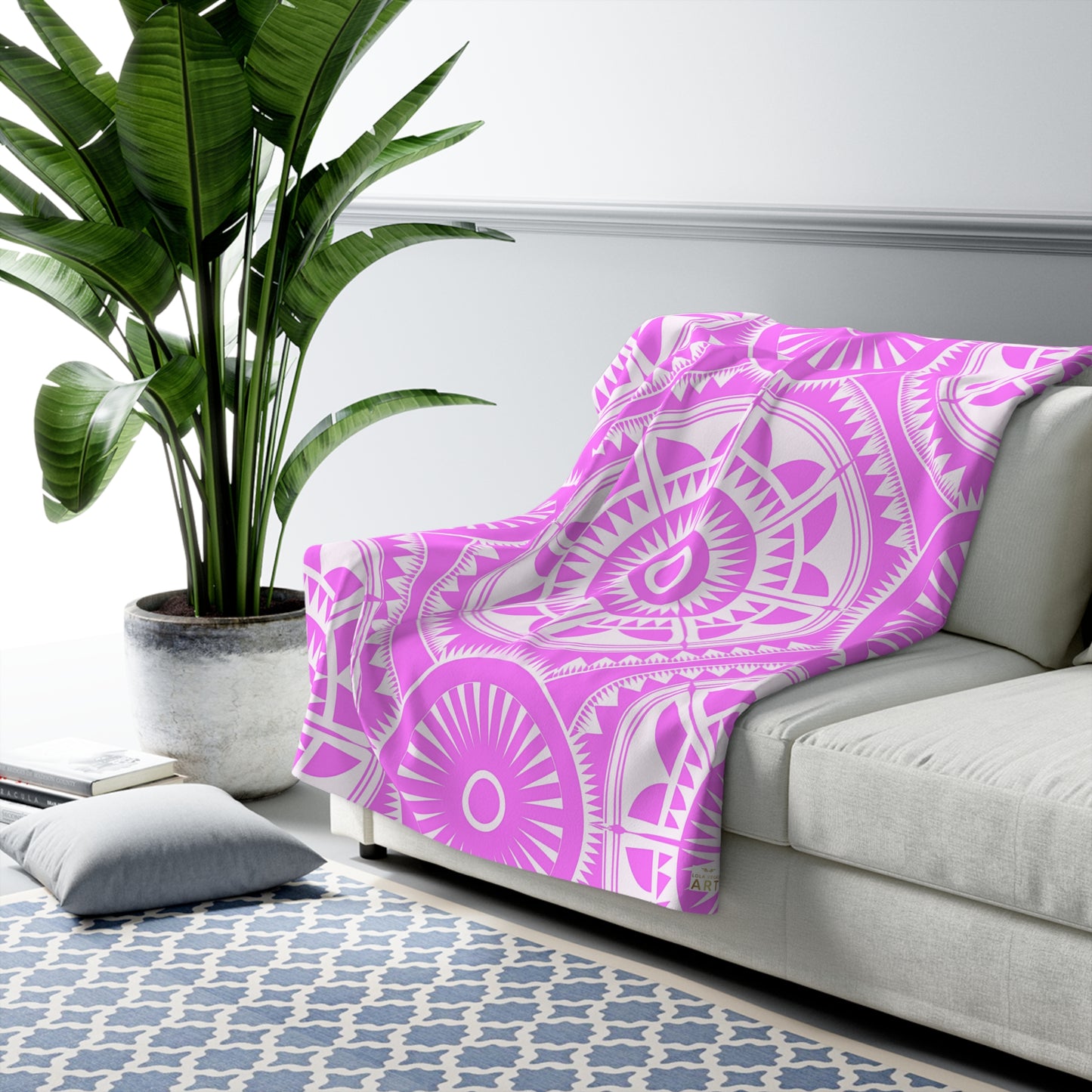 Pink White Mandala Pattern Sherpa Blanket Boho Geometric Throw