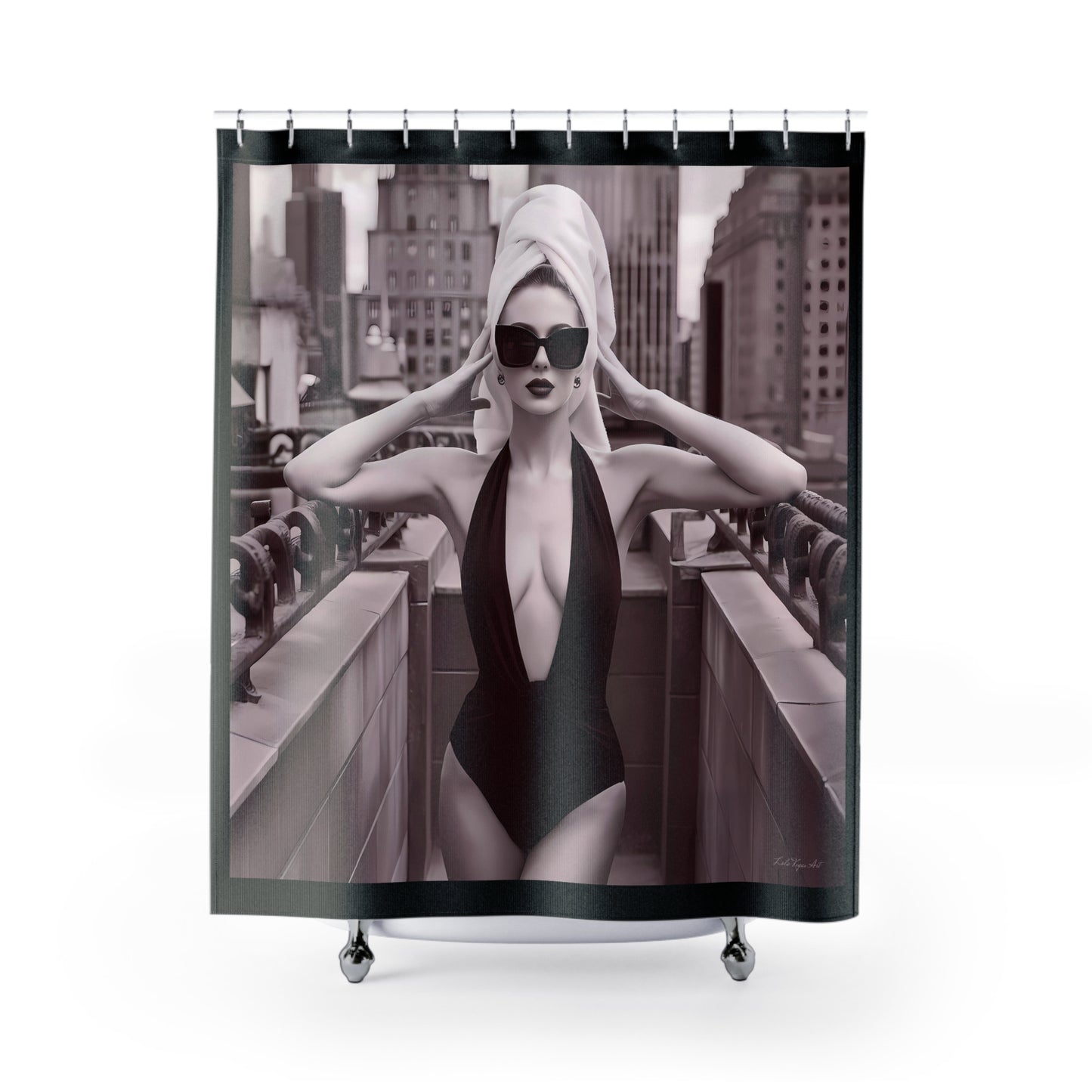 Fashionista Glamour Shower Curtain - Sepia Toned Fine Art Photography, NYC Rooftop Deck, Bathroom Decor