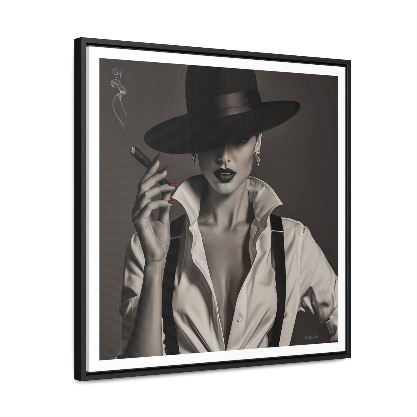 Film Noir Woman Canvas Art, Square Frame, Sexy Black White Femme Fatale Fedora Hat Cigar, Wall Hanging Poster Print, Home Decor Gift,