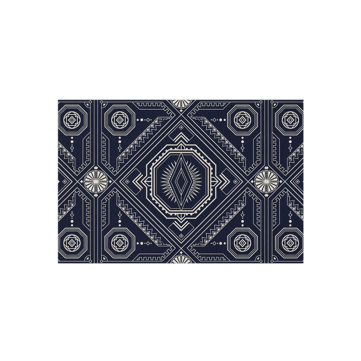 Navy Geometric Medallion Outdoor Rug | Tribal Diamond Pattern