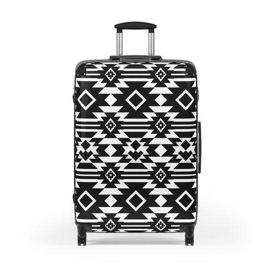 Black White Aztec Geometric Suitcase | Tribal Pattern Luggage