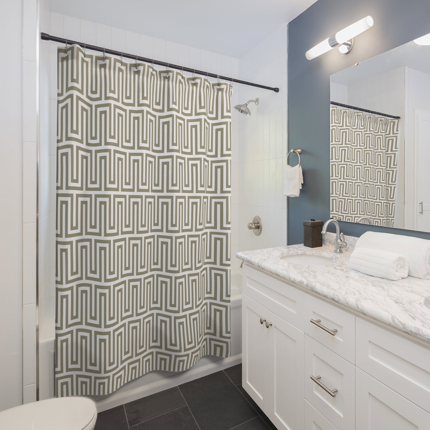 Geometric Greek Key Pattern Shower Curtain | Neutral Taupe Maze Design Classy Bathroom Accessory