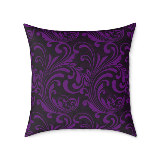 Purple Black Baroque Scroll Pillow | Square Throw Pillow, Dark Floral Damask