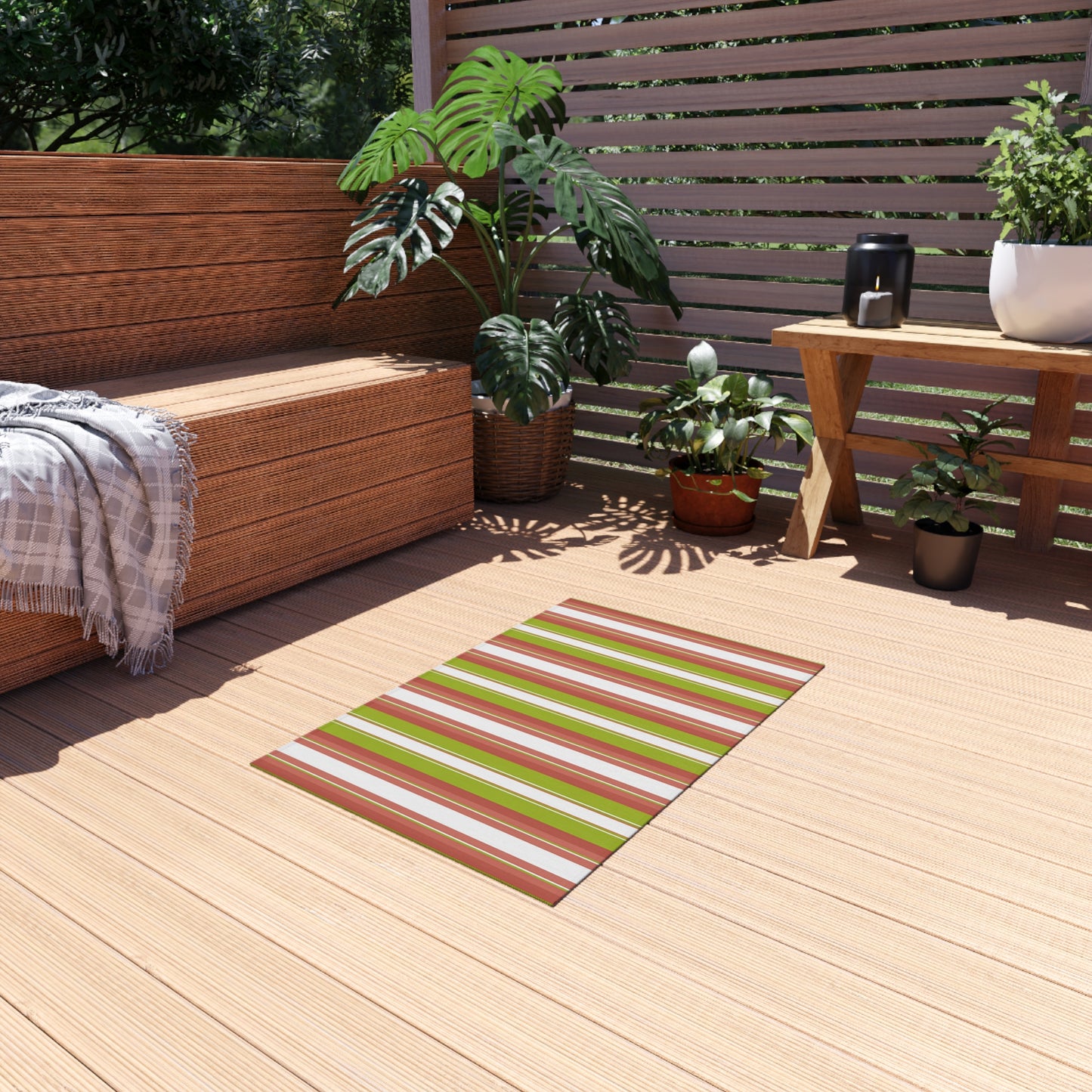 Green Red White Stripe Outdoor/Indoor Rug | Patio Deck Mat, Weatherproof Striped Rug